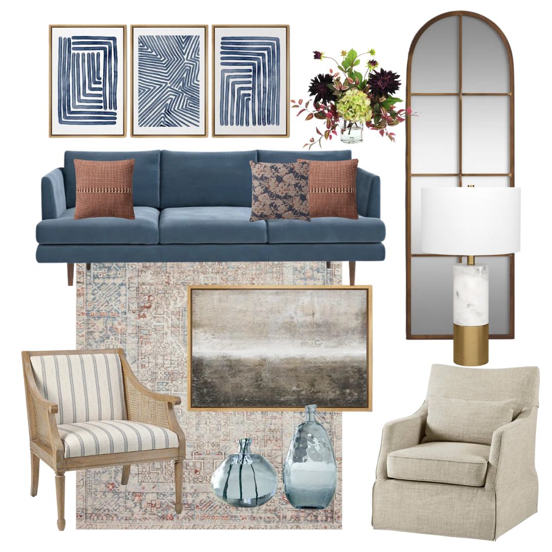 Collage of cozy living room decor ideas including a blue sofa with decorative pillows, a large arched mirror, abstract wall art, a patterned rug, a wooden armchair with striped cushion, a beige armchair, a white lamp, a floral arrangement, and glass vases.