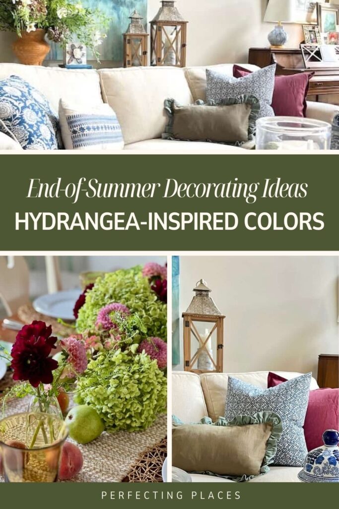 A collage image featuring end-of-summer decorating ideas to brighten up your space. The top section shows a cozy living room with a sofa adorned with various pillows and decor elements. The bottom left displays a table with a floral arrangement, while the bottom right highlights a sofa with hydrangea-inspired colors.