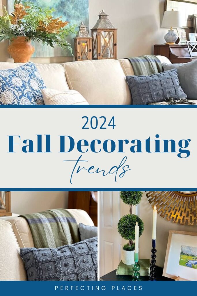 Image showing a cozy living room with neutral-colored sofas accented with blue and green pillows and throws. Decorative elements include lanterns, plants, candles, and wall art. Text overlay reads "Fall Decorating Trends 2024" with "Perfecting Places" at the bottom. Discover affordable Target home decor for all your seasonal needs.