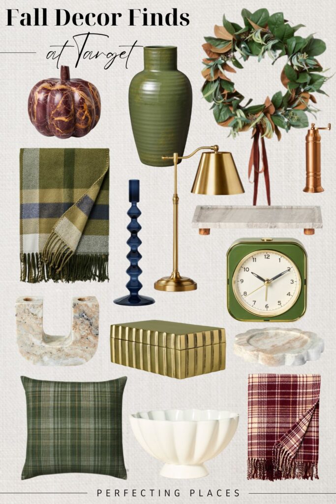 A collage of affordable Target home decor items capturing this year's fall decorating trends, including a faux pumpkin, green vase, wreath, plaid throw blanket, brass desk lamp, ceramic candle holder, marble base pepper mill, marble bookend, gold box, green clock, green plaid pillow, white bowl, and red plaid blanket.