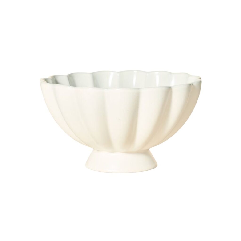 A white, footed ceramic bowl with a wide, fluted design and scalloped edges. The bowl has a glossy finish and a simple, elegant appearance, suitable for serving or decorative purposes. The background is plain white.