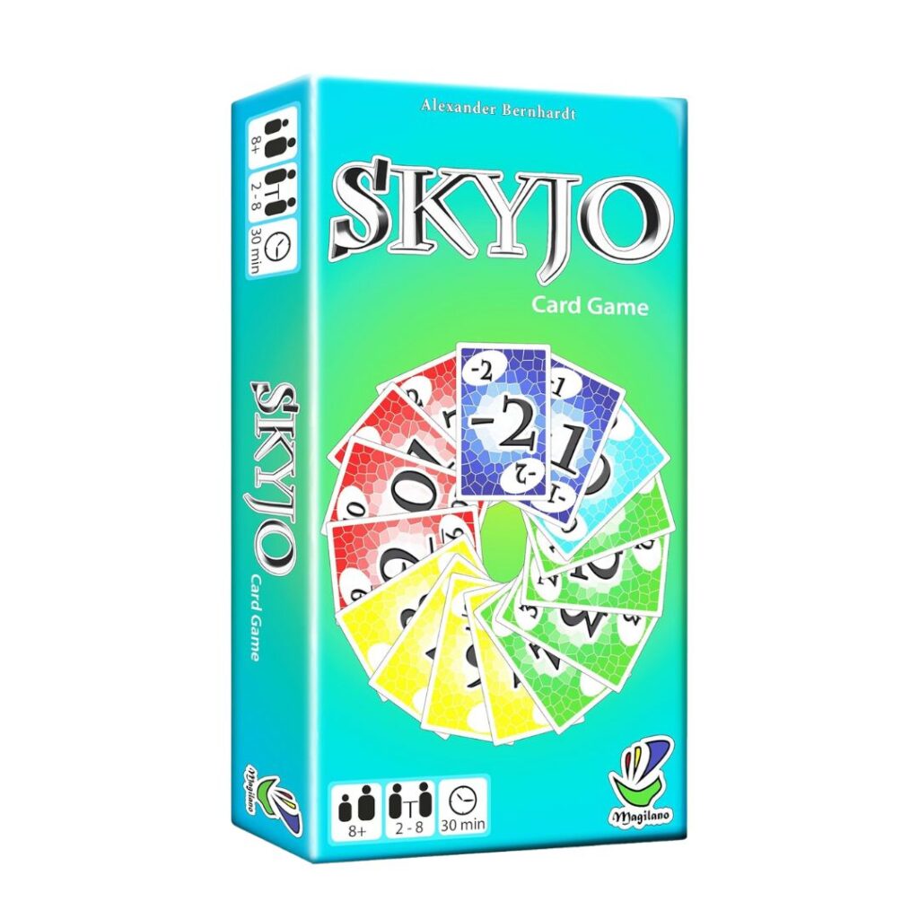 The Skyjo card game box features vibrant card illustrations on the front. Predominantly teal, it displays the text "SKYJO Card Game" along with icons indicating it's suitable for ages 8 and up, accommodates 2-8 players, and offers 30 minutes of playtime—ideal for a fun Seven on Saturday gathering.