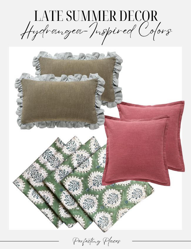 A set of home decor items, including two rectangular pillows with grey ruffled edges and olive-green centers, two square pink pillows, and a patterned green and white tablecloth, displayed under the text "End-of-Summer Decorating Ideas with Hydrangea-Inspired Colors.