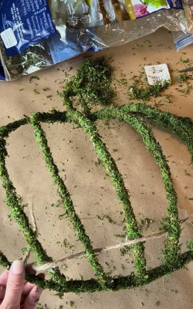 A hand is seen crafting a pumpkin-shaped frame covered in green moss. Various DIY materials, including bags of moss from Dollar Tree, are scattered on a table in the background. The person appears to be tying twine around the frame for their pumpkin wreath DIY project.