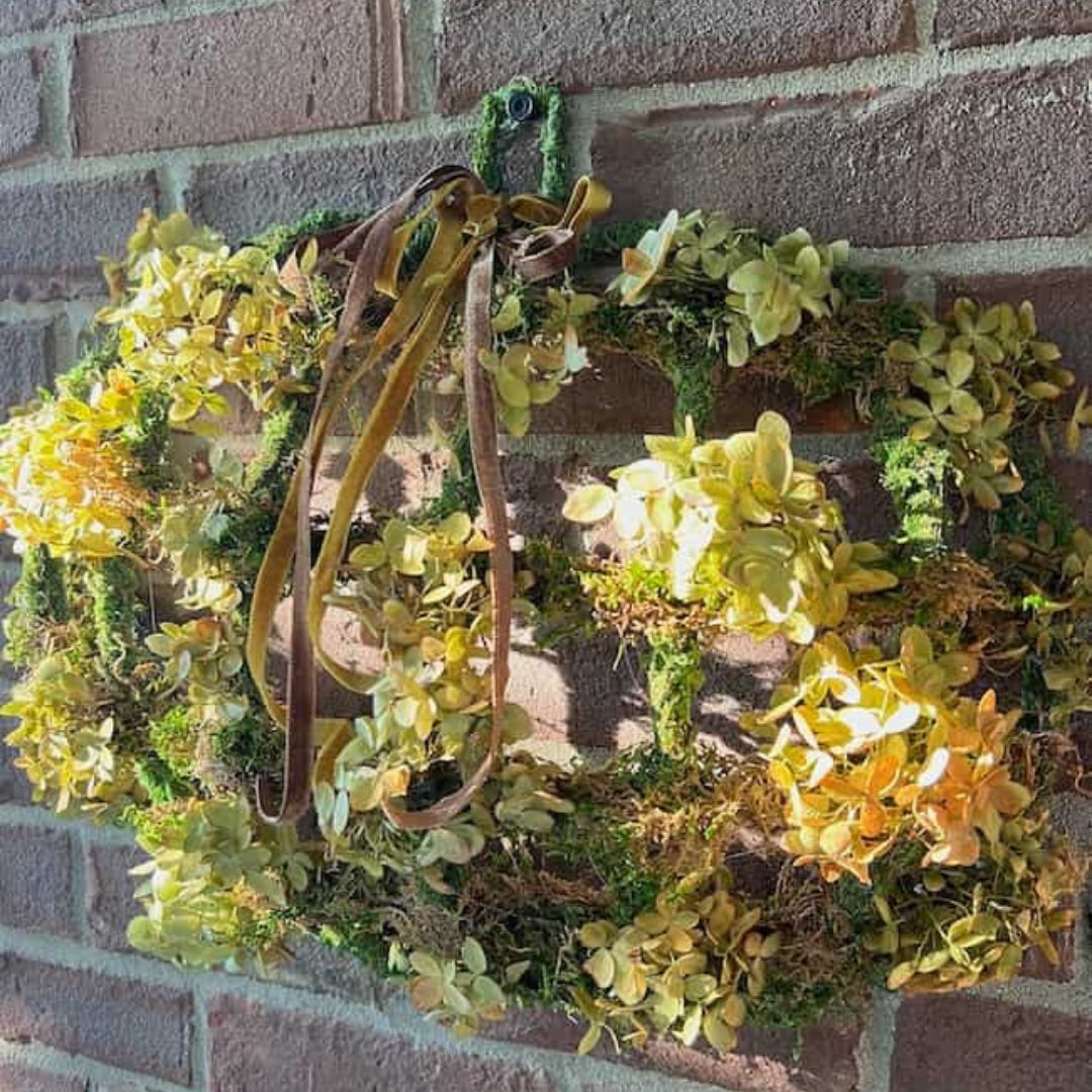 A decorative Dollar Tree pumpkin wreath DIY made of yellow and green hydrangea flowers, moss, and leaves hangs on a brick wall. The wreath is adorned with a brown ribbon at the top. Sunlight casts shadows on the wall, highlighting the textures of the flowers and foliage.