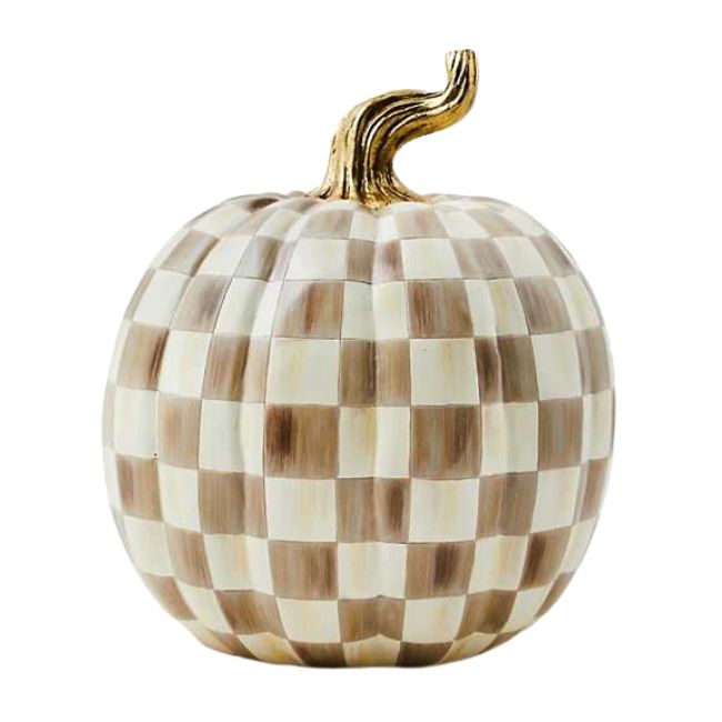 A decorative pumpkin featuring a checkered pattern in beige and cream colors. The stem is curved and painted gold, adding an elegant touch to this autumn-themed decor piece.