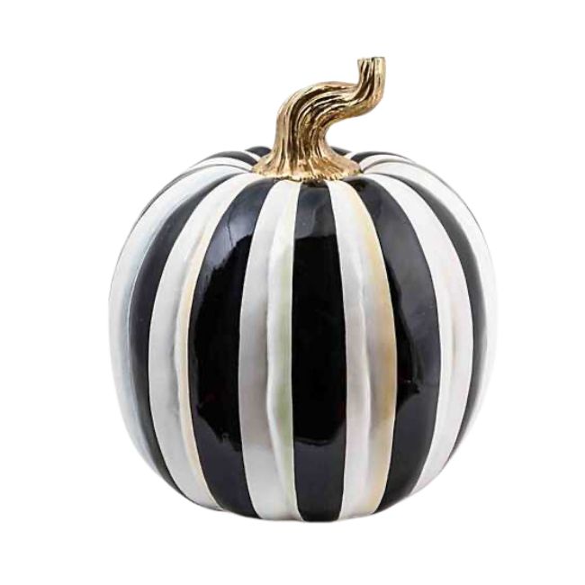 A decorative pumpkin with vertical black and white stripes and a shiny gold stem. The design is modern and eye-catching, contrasting traditional pumpkin motifs with a chic, stylish twist.