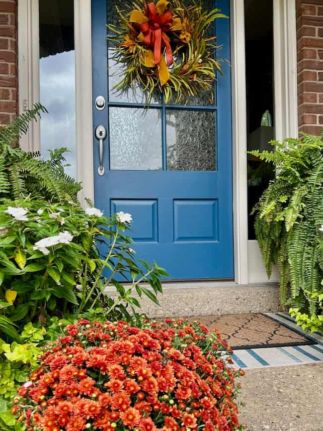 A blue front door with a glass panel, adorned with a decorative yellow and orange wreath, is surrounded by lush green ferns and white flowers. A pot of vibrant orange chrysanthemums sits on the front step, adjacent to a colorful patterned doormat. Try an easy fall wreath DIY to recreate this charming scene.