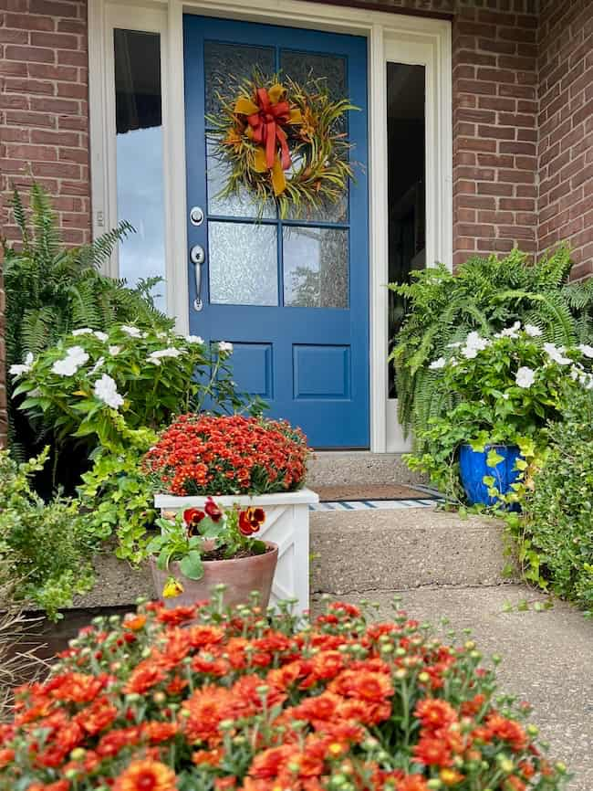 A blue front door with a fall-themed wreath featuring orange and yellow foliage. The entryway, adorned in fall front porch decor, is surrounded by lush green plants, white flowers, and vibrant red-orange mums in planters, creating a welcoming and festive atmosphere.