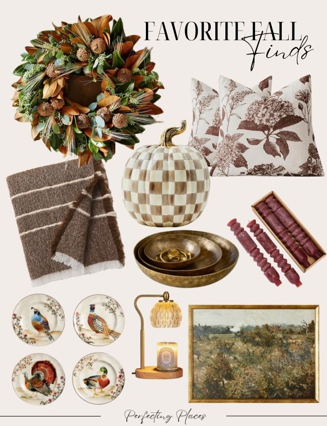 A collage of fall decor finds, including a leaf and pinecone wreath, floral pillows, a checkered pumpkin, striped blanket, wooden bowls, burgundy taper candles, bird plates, a lamp, and a landscape painting.