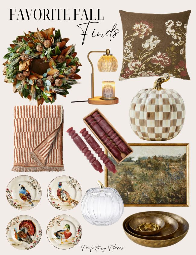 A collage of fall-themed items: a floral-patterned pillow, pine cone wreath, table lamp with tassel, checkered pumpkin, striped throw blanket, set of turkey and pheasant plates, framed country artwork, brass bowls, clear pumpkin jar, and maroon taper candles. Text at the top reads "Favorite Fall Decor Finds.