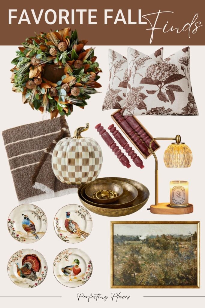 A collage of fall decor finds, featuring a wreath, floral pillows, a striped throw, checkered pumpkin, amber glass candle holder, decorative plates with birds, a gold tray, and a landscape painting.