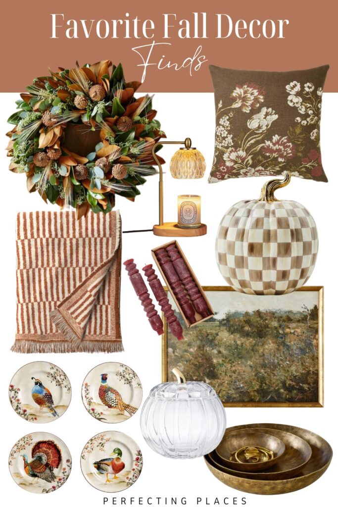 A collage of favorite fall decor findings includes a leafy wreath, a brown floral pillow, a striped throw blanket, a small table lamp, a beige and white checkered pumpkin, decorative books, fall-themed wall art, bird-designed plates, a glass pumpkin, and metal bowls. Text at the top reads "Favorite Fall Decor Finds.