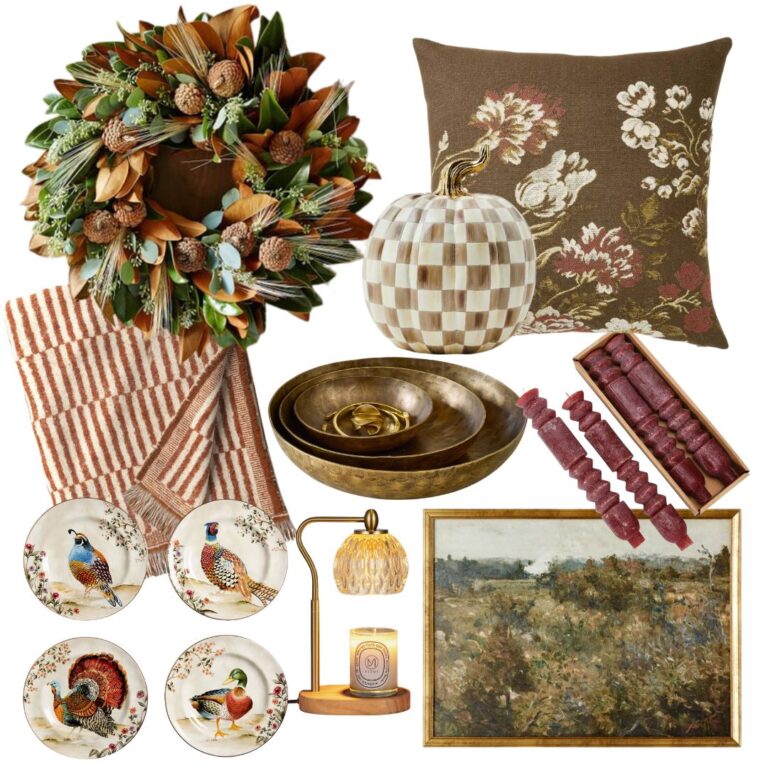 A collection of fall-themed home decor items, including a leafy wreath, a brown floral pillow, a checkered pumpkin, striped towels, brass bowls, candles, and a rustic painting. Also featured are bird-illustrated plates, a lamp, and cinnamon sticks—your ultimate fall decor finds!