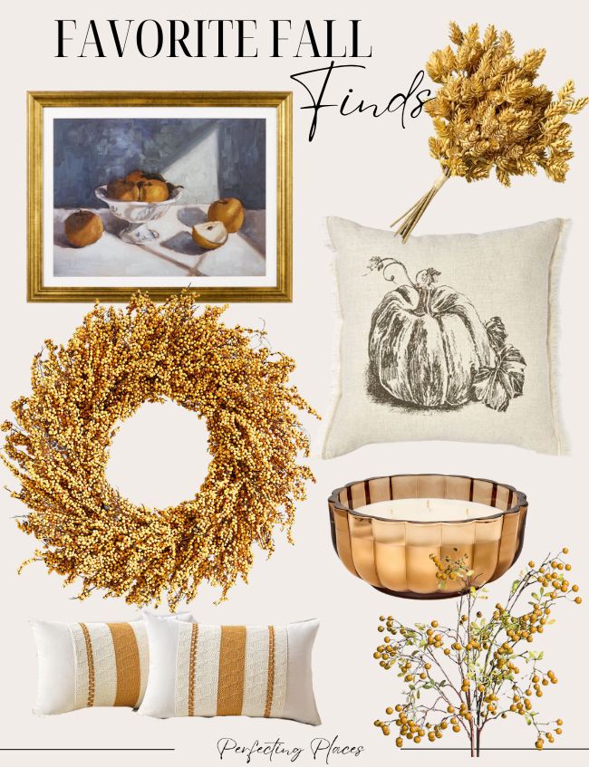 A collage titled "Favorite Fall Finds" showcases autumn decor items: a framed painting of fruit, a bundle of wheat, a cushion with pumpkin illustration, a golden wreath, an amber-colored candle holder, a vase with yellow berries, and two striped cushions. Perfect for inspiration on Seven on Saturday.