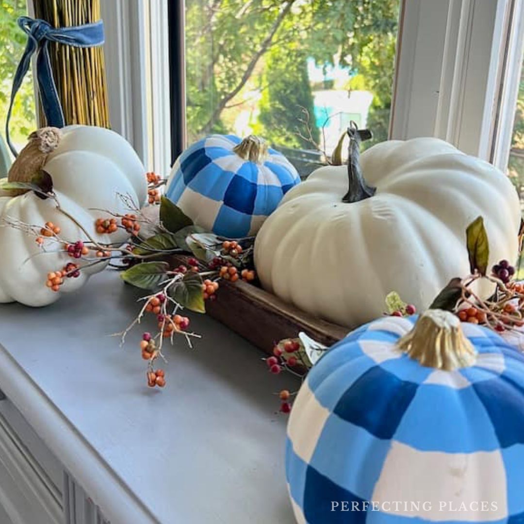 A windowsill decorated with white and blue plaid pumpkins along with small orange berries and green leaves. The vibrant blue plaid pumpkins stand out among the classic white ones, creating a festive autumnal display in front of a sunlit window, perfect for Seven on Saturday, 9/28/24.