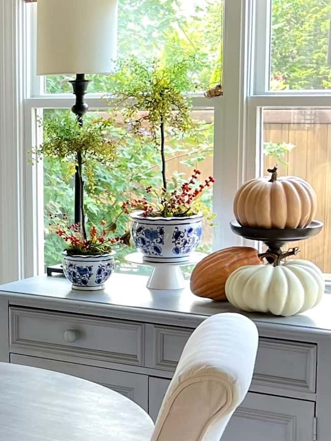 A bright room with a large window displaying potted plants in decorative blue and white pots brings together some excellent cozy fall home decor ideas. On a gray sideboard, a black stand holds two pumpkins, one white and one orange. A tall lamp with a white shade, and another orange pumpkin complete the autumn refresh.