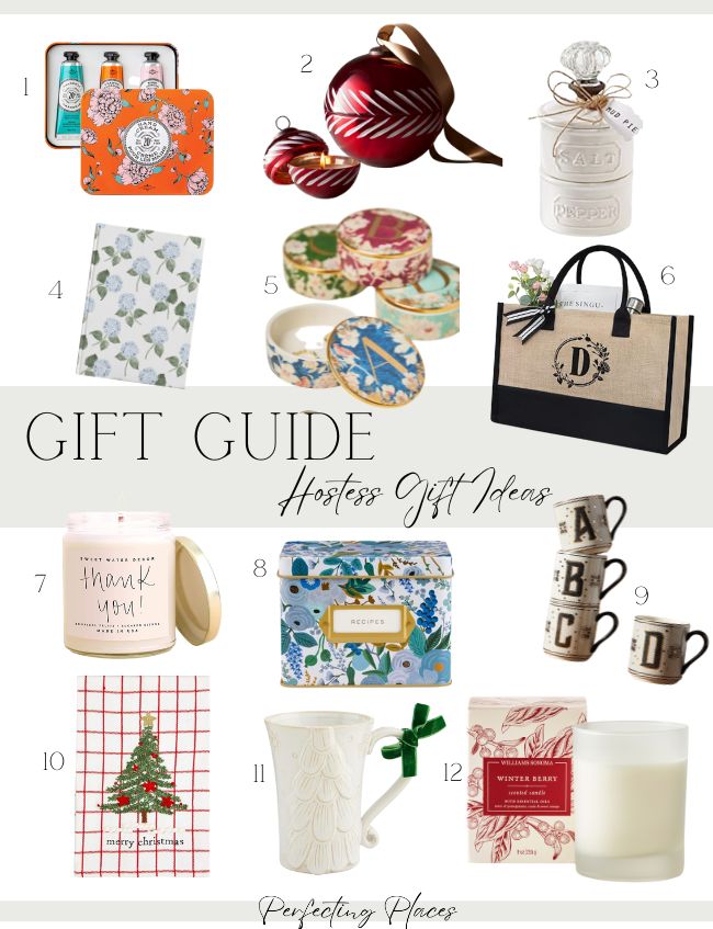 Holiday Gift Guide: A charming collage for hostess gift ideas, featuring tea, ornaments, scented candles, notebooks, decorative tins, a tote bag, thank-you candles, a coffee cup set, and kitchen towels. Perfect picks for spreading joy and gratitude this season!