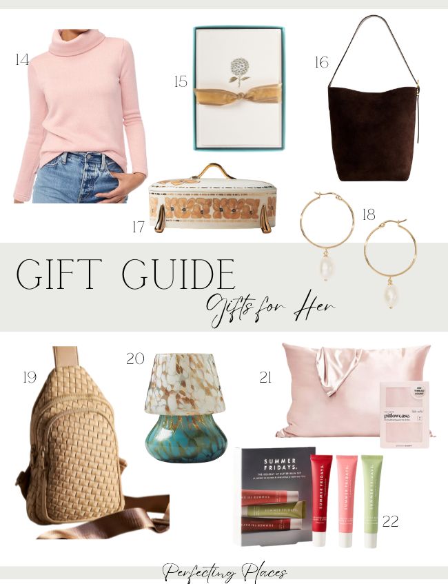 Holiday Gift Guides for her include a pink turtleneck sweater, framed tree print, brown handbag, decorative box, pearl hoop earrings, woven tan backpack, glass lamp, silk pillowcase with mask, and a luxurious skincare set.