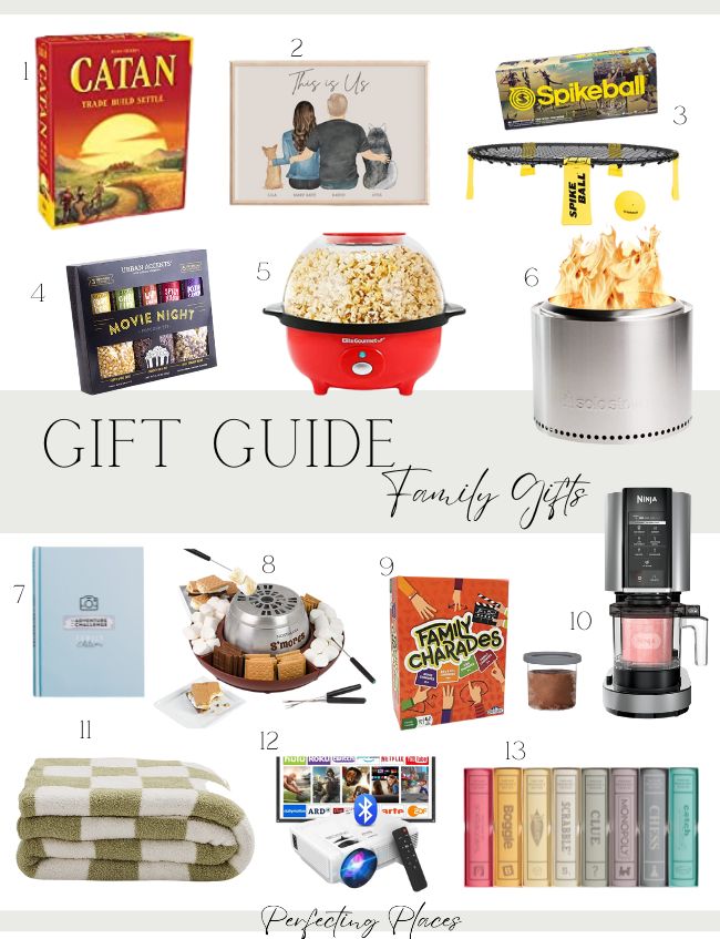 A collection of family gift ideas, including a Catan board game, "This is Us" frame, Spikeball set, popcorn maker, Solo Stove, cookbook, fondue set, charades game, coffee maker, blankets, Bluetooth speaker, and a collection of classic books.