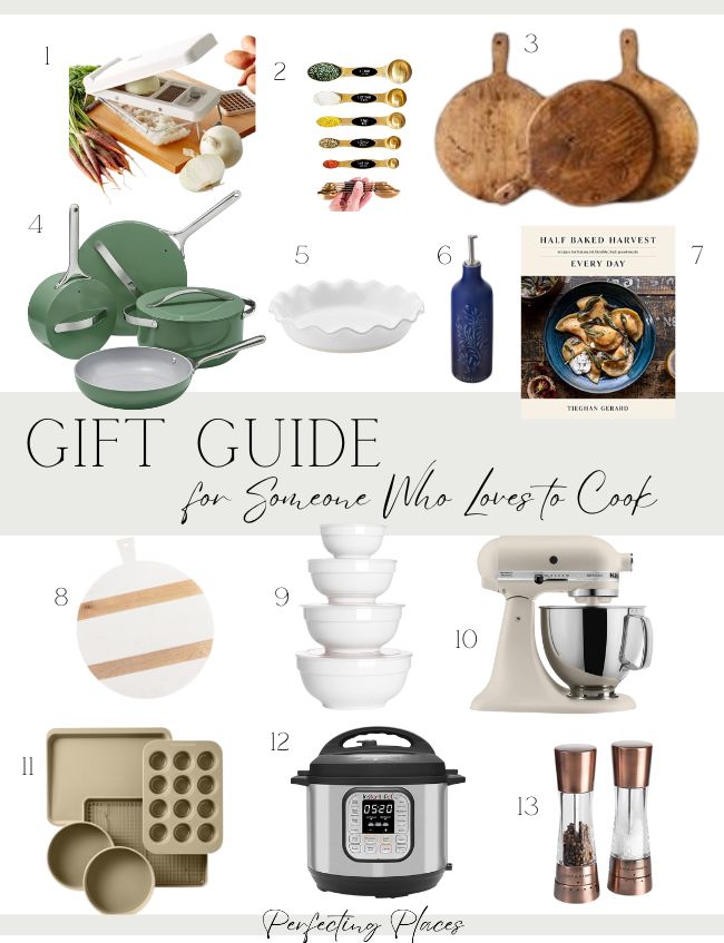 A holiday gift guide collage featuring kitchen essentials: a vegetable slicer, olive oil bottles, wooden boards, green cookware, pie dish, cookbook, olive oil dispenser, striped board, mixing bowls, stand mixer, baking set, Instant Pot, and salt & pepper grinders.