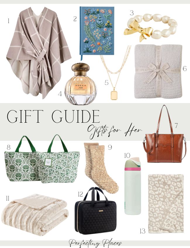 Holiday Gift Guides collage featuring: 1. Plaid poncho, 2. Floral journal, 3. Pearl bracelet, 4. TOCCA perfume, 5. Layered gold necklace, 6. Plush bathrobe, 7. Leather tote bag, 8. Printed tote bags, 9. Fuzzy socks, 10. Flask, 11. Soft blanket,