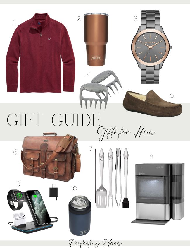 Discover the ultimate Holiday Gift Guides for him, featuring a red quarter-zip sweater, brown Yeti tumbler, silver wristwatch, meat claws, brown loafers, leather messenger bag, grilling tools set, silver ice maker, wireless charging station, and a black Yeti can holder.