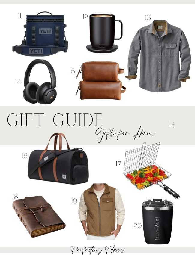 Holiday gift guides for him spotlight a curated selection of items: cooler, mug, shirt, headphones, toiletry bags, duffel bag, grilling basket, journal, vest, and drinkware. Each is thoughtfully numbered for easy reference.