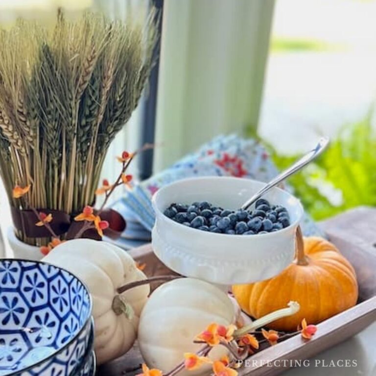 Amid a cozy autumn-themed setting, a blue patterned bowl sits beside a small orange pumpkin and two white mini pumpkins. Blueberries fill the air with sweet fragrance, while orange flowers and decorative wheat emphasize the delightful scene. It's truly Seven on Sunday perfection.