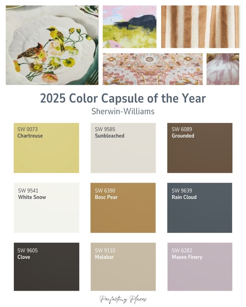 A color palette titled "2025 Color Capsule of the Year" by Sherwin-Williams draws Anthropologie inspiration. It includes nine colors: Chartreuse, Sunbleached, Grounded, White Snow, Bosc Pear, Rain Cloud, Clove, Malabar, and Mauve Finery. Features art and fabric swatches for a trendy touch.