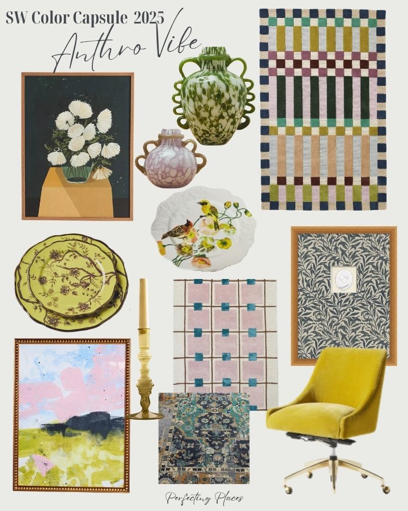 Collage titled "SW Color Capsule 2025 Anthro Vibe" featuring art, decorative plates, vases, a mustard swivel chair, a candlestick, and colorful rugs with geometric and floral designs inspired by Sherwin-Williams Color Capsule 2025.