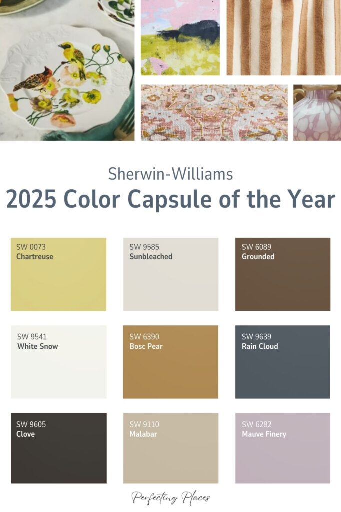 The Sherwin-Williams Color Capsule 2025, steeped in Anthropologie inspiration, showcases eight captivating paint swatches: Chartreuse, Sunbleached, Grounded, White Snow, Bosc Pear, Rain Cloud, Clove, and Mauve Finery. Each hue is enveloped by abstract art with varying patterns and colors.