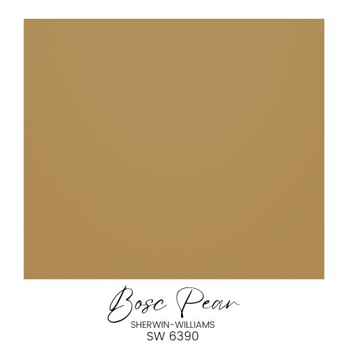 A color swatch labeled "Bosc Pear" from Sherwin-Williams, SW 6390. This classic paint color from the Sherwin-Williams palette reveals a warm, earthy brownish-yellow hue.