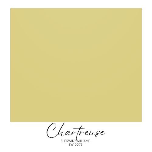 A square swatch of chartreuse color proudly displays the text "Chartreuse Sherwin-Williams SW 0073" beneath it, drawing inspiration from Anthropologie's eclectic style and featured in the Sherwin-Williams Color Capsule 2025.