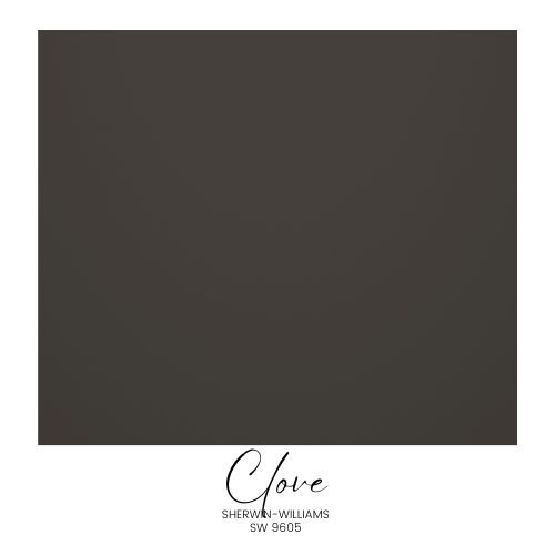 A square color swatch labeled "Clove" from the Sherwin-Williams Color Capsule 2025 collection. SW 9605 features a deep, dark brown with subtle green undertones that evokes Anthropologie inspiration.