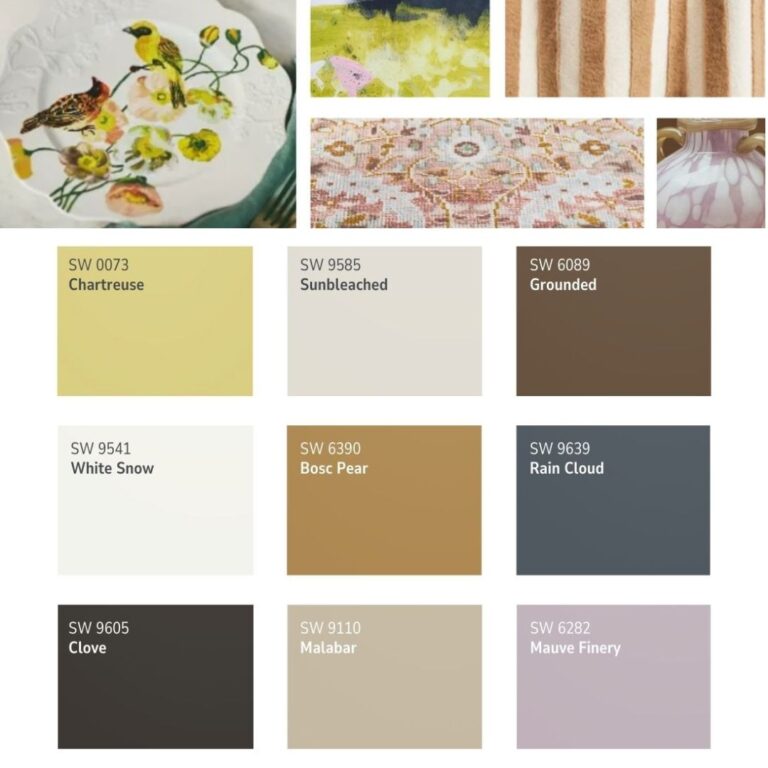 A color palette with individual swatches labeled: Chartreuse, Sunbleached, Grounded, White Snow, Bosc Pear, Rain Cloud, Clove, Malabar, Mauve Finery. Inspired by Anthropologie's design ethos and Sherwin-Williams Color Capsule 2025. Features small decorative art images above swatches.