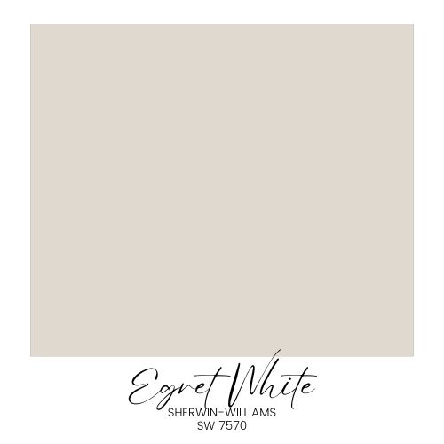 A square swatch showcases "Egret White," a pale, warm beige belonging to the classic Sherwin-Williams paint color palette. It features the code SW 7570, elegantly set against a pristine white background.