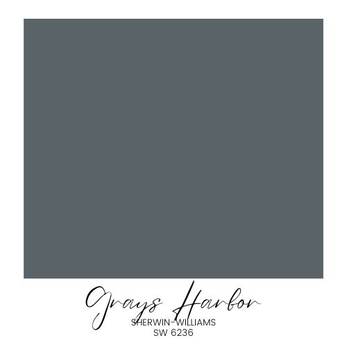 Color swatch displaying a classic Sherwin-Williams paint color, "Grays Harbor," SW 6236, in a subtle gray-blue shade.