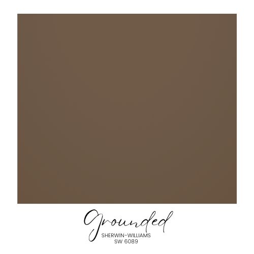 A square swatch of the Sherwin-Williams color "Grounded," part of the Color Capsule 2025, labeled SW 6089, evokes Anthropologie inspiration with its rich brown hue.