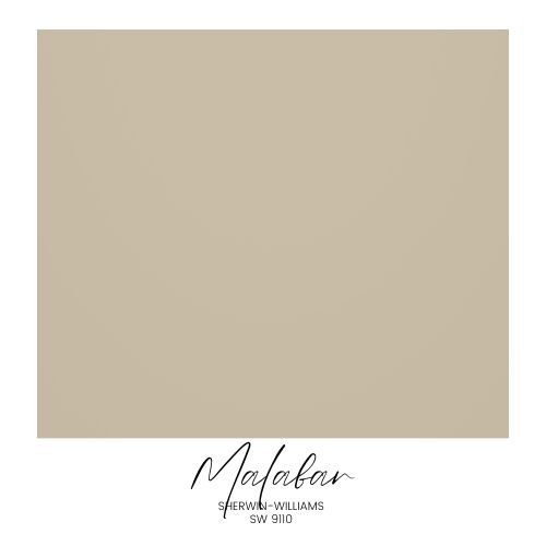 A square swatch of paint color labeled "Malabar" by Sherwin-Williams, SW 9110, part of the Sherwin-Williams Color Capsule 2025. This muted, earthy beige draws inspiration from Anthropologie's timeless designs.