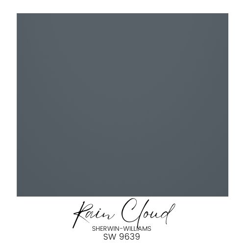 The paint swatch reveals a deep grayish-blue color named "Rain Cloud," SW 9639, part of the classic Sherwin-Williams paint color palette.