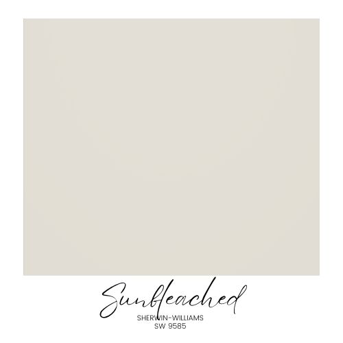 A sample of the Sherwin-Williams paint color "Sunbleached" SW 9585, displayed as a light, neutral shade within a square. Inspired by Anthropologie's style, this hue from the Color Capsule 2025 collection is accompanied by its name and code in stylish script below.