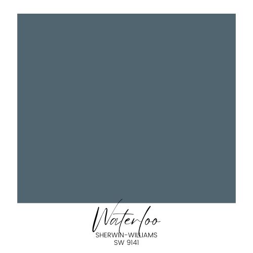 A square swatch of paint labeled "Waterloo," part of the classic Sherwin-Williams paint color palette, color code SW 9141. The shade is a muted, dark teal.