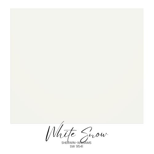 A plain white square with "White Snow" text beneath it. Below the text, it reads "Sherwin-Williams SW 9541" on a white background, part of the Sherwin-Williams Color Capsule 2025 collection, echoing Anthropologie's inspiration for timeless elegance.