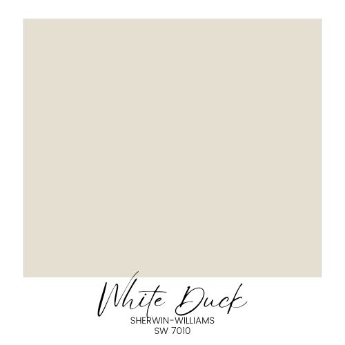 A square color swatch of Sherwin-Williams paint named "White Duck" (SW 7010) features in the classic Sherwin-Williams paint color palette, showcasing a soft, creamy off-white hue.