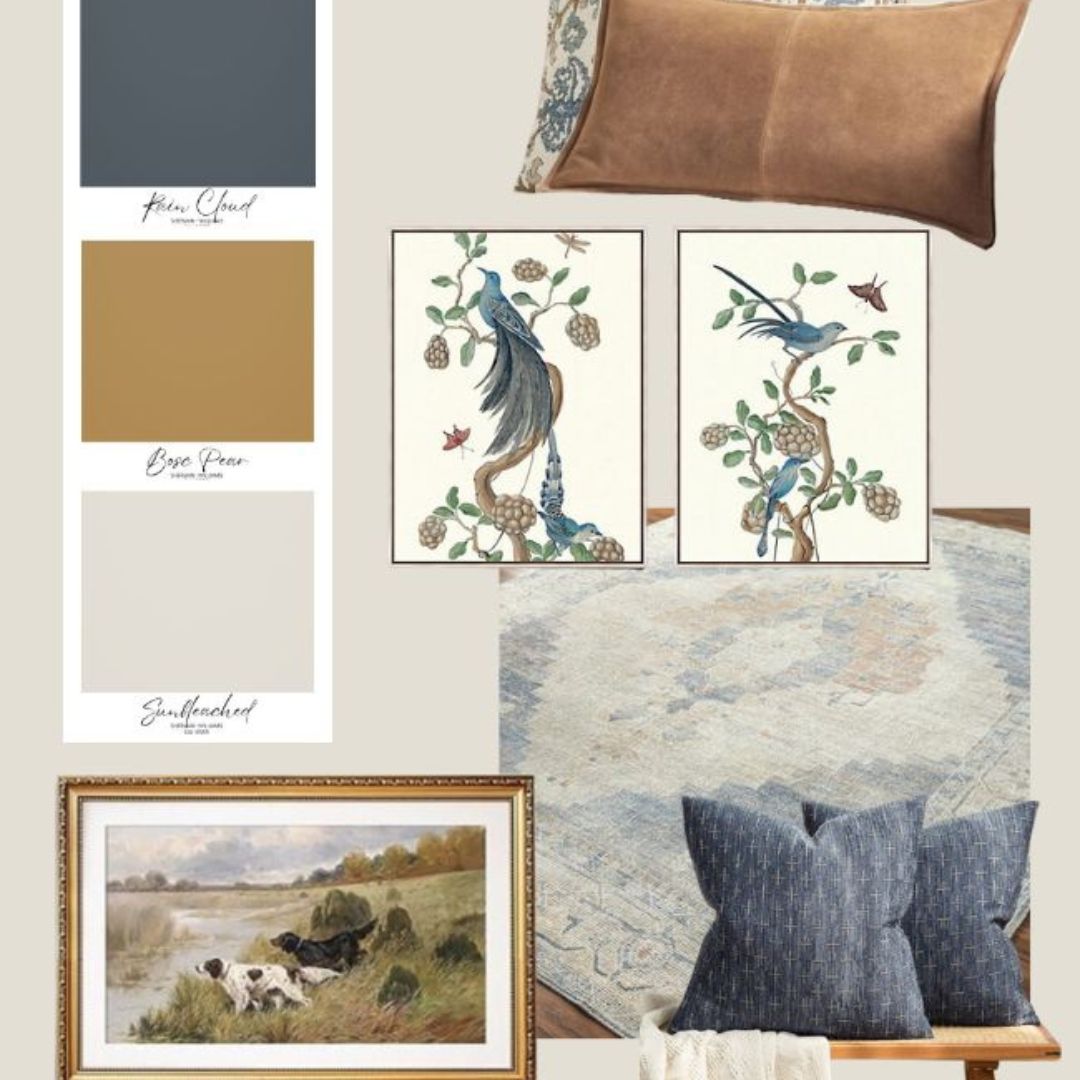 A mood board featuring the classic Sherwin Williams paint color palette with swatches in blue, gold, and beige; floral art with birds; a landscape painting with hunting dogs; a brown leather pillow; a patterned rug; and two blue patterned cushions.