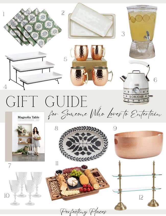 A Holiday Gift Guide image featuring entertaining items like patterned napkins, a white serving platter, and a decorative beverage dispenser. Also included are tiered serving trays, copper mugs, an electric kettle, recipe book, decorative tray, copper tub, crystal goblets, and a charcuterie board.