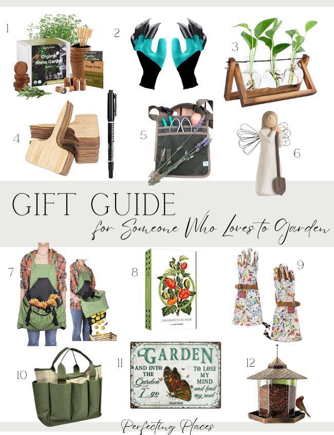 Explore our holiday gift guides for garden lovers, showcasing items like a seed kit, gardening gloves, and a plant propagation station. Enhance their passion with wooden plant labels, a stylish tote bag, and delightful additions like a decorative angel or bird feeder.