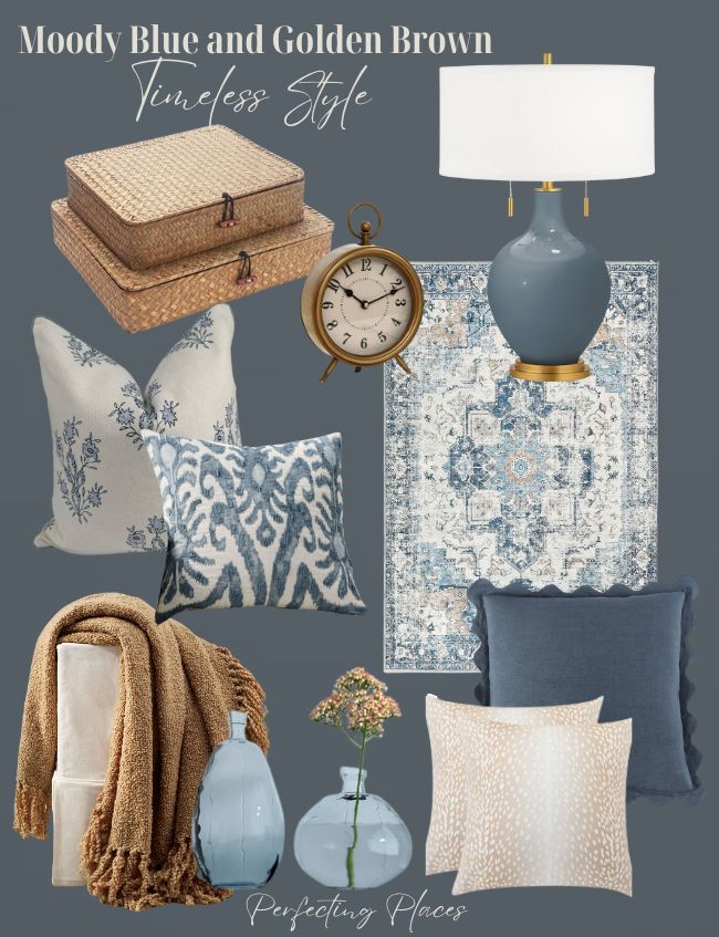 A mood board titled "Moody Blue and Golden Brown Timeless Style" showcases a blue lamp, rug, various pillows, stacked boxes, clock, blanket, and decorative vases. Enhanced by a classic Sherwin Williams paint color palette, it exudes elegance. Text at the bottom reads "Perfecting Places.