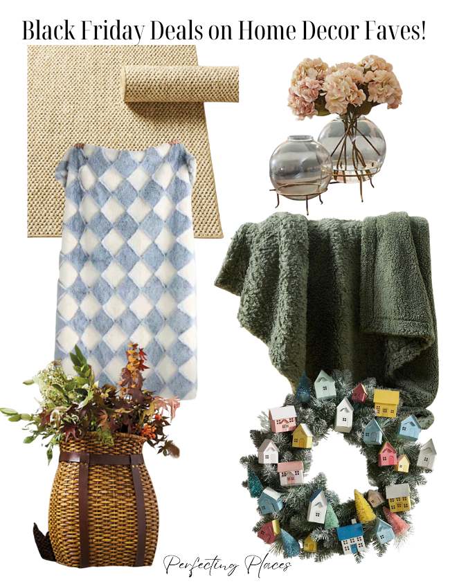 A collage of home decor items including two woven rugs, a blue patterned blanket, a green throw, decorative vases with flowers, a basket with plants, and a colorful village wreath. The text reads "Cyber Week Deals: Black Friday Discounts on Home Decor Faves!